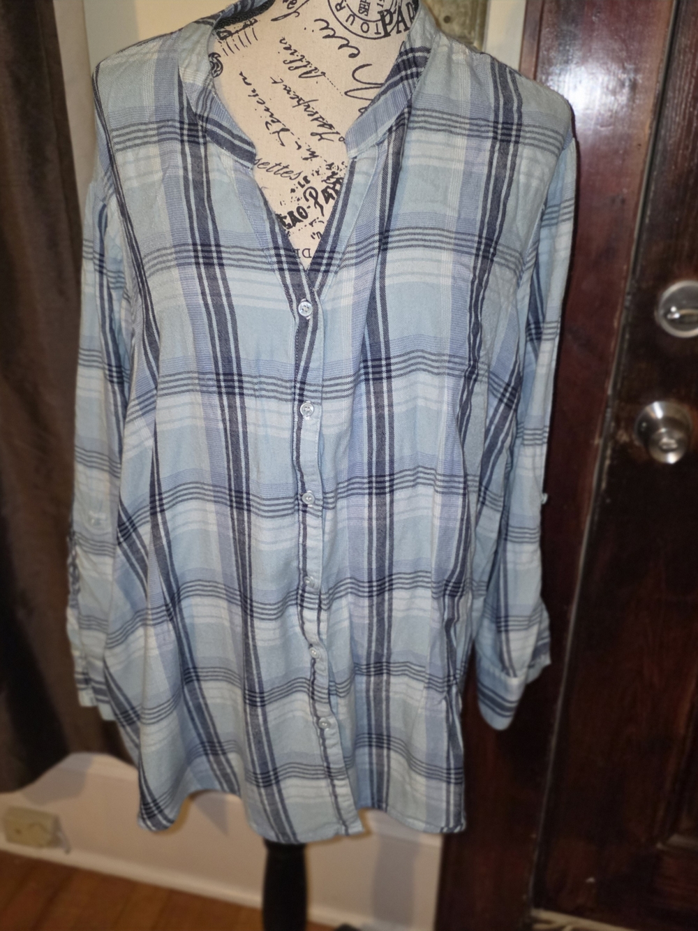 Philosophy Republic Clothing Blue Plaid Roll-tab Sleeve Shirt 2X
